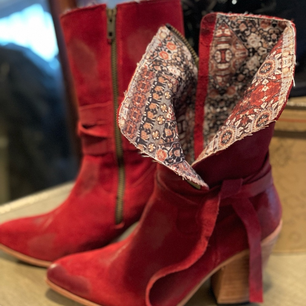 FreeBird Red Suede Riot Boots, Size 8.  Distressed with a fun interior fabric.